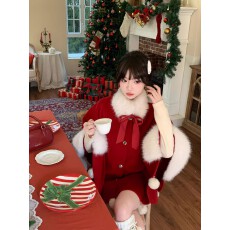 批发织物猪冬日协奏曲大码千金风红色斗篷外套女胖mm蝴蝶结显白披肩