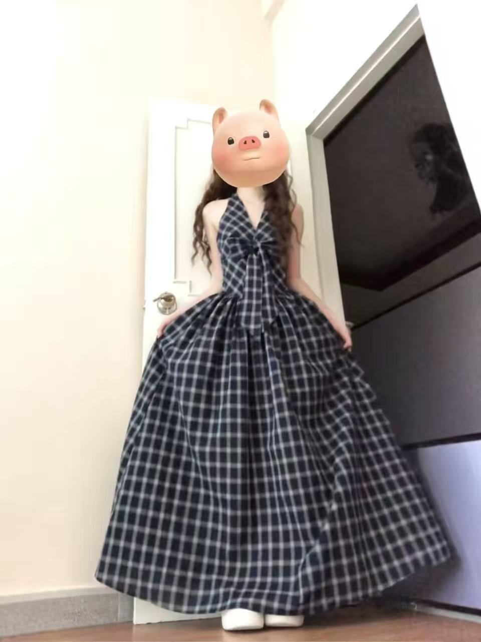 빅 사이즈 마이크로 지방 프랑스식 체크무늬 나비 넥타이 행침 목 여성 드레스 고급 센스 품격 허리 수축 한 마디 롱 스커트