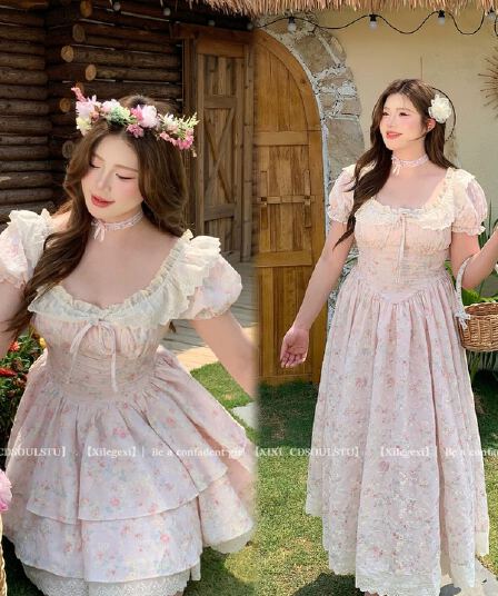 빅 사이즈 프랑스식 순수한 욕망 꽃무늬 거품 소매 여성 드레스 여름 지방 mm 슬림해 보이는 허리 수축 고급 센스 달콤함 롱 스커트
