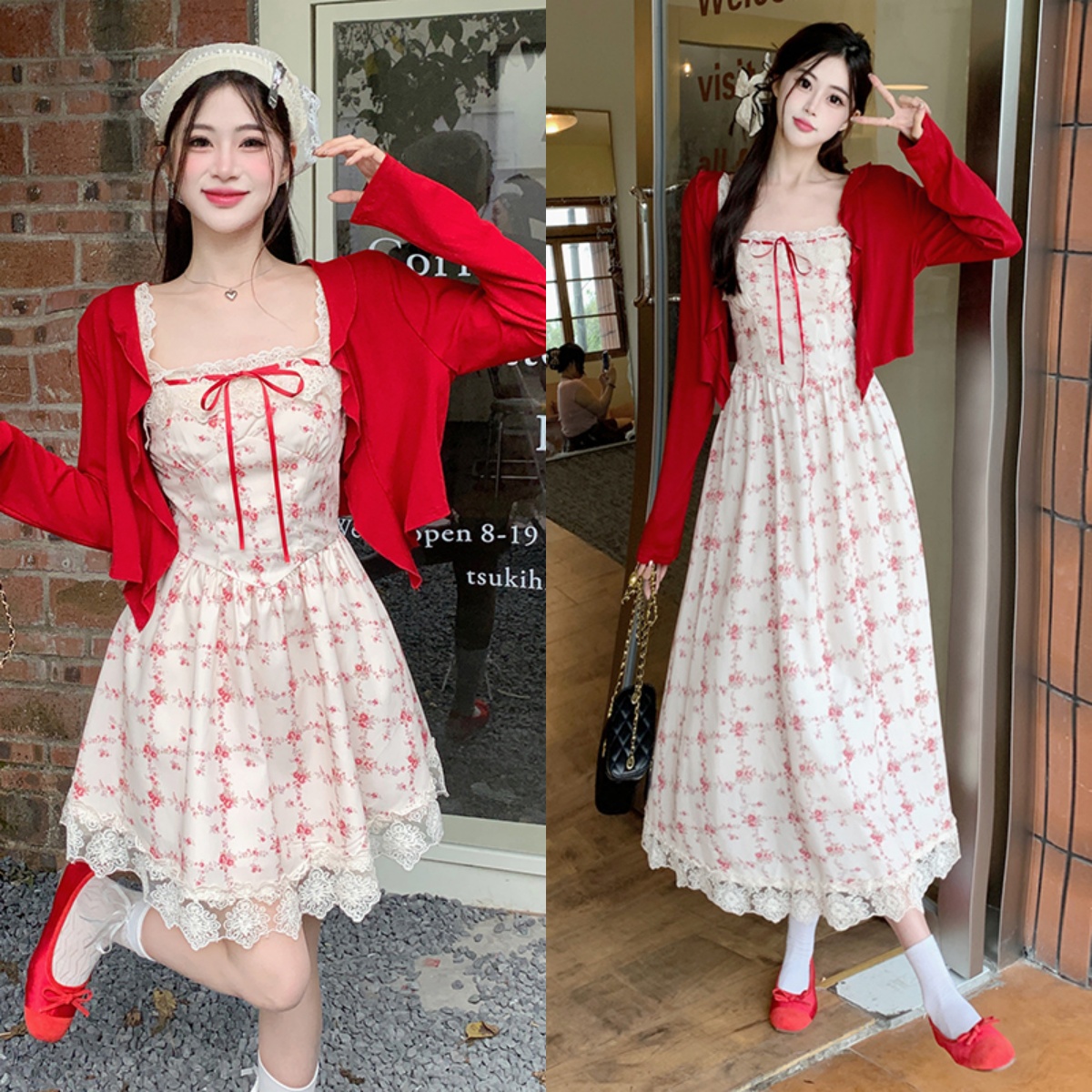 빅 사이즈 여성 의류 지방 mm 살구 색상 전원 바람 달콤함 작은 꽃무늬 프랑스식 레이스 슬립 드레스 오픈 가디건 투피스 세트