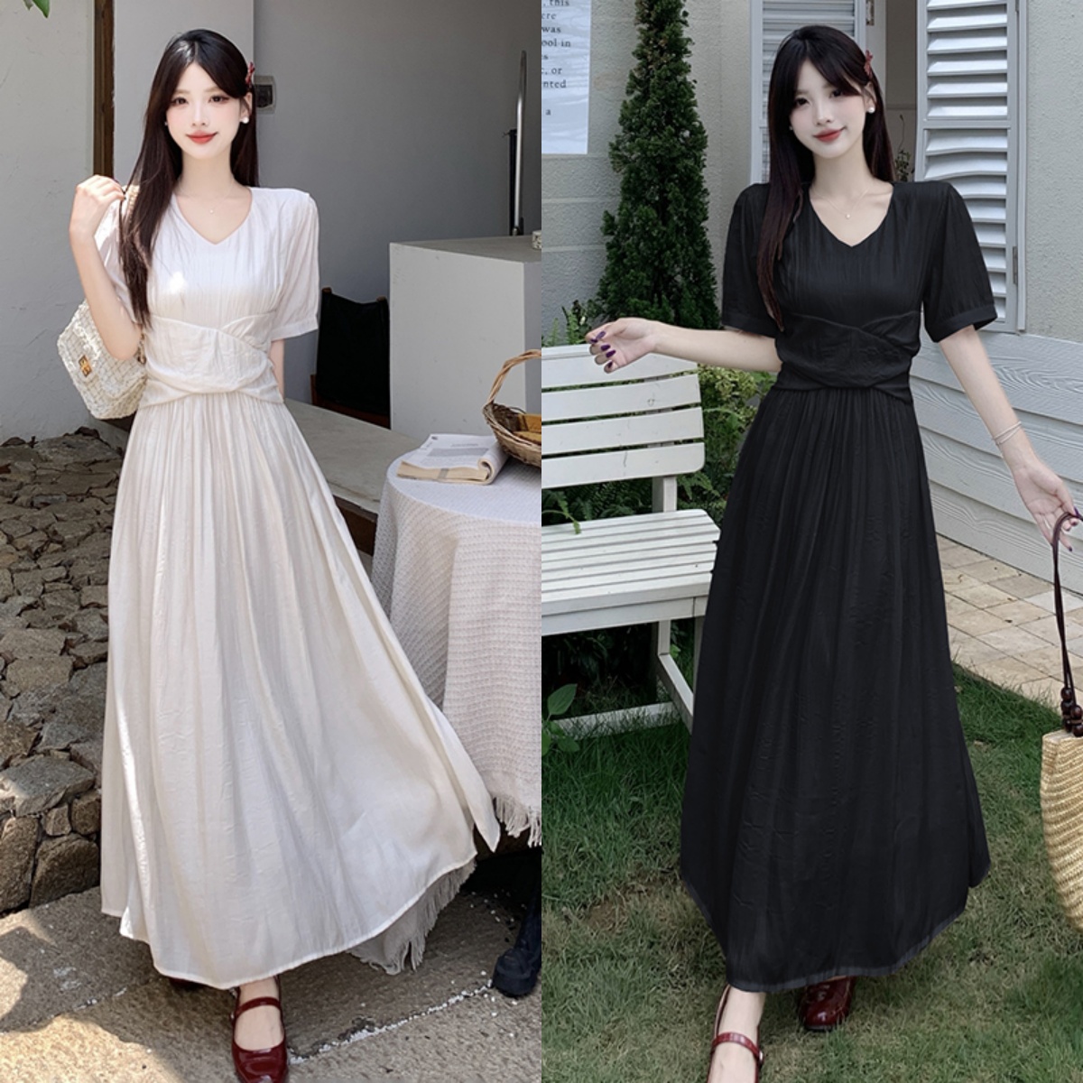 실사 빅 사이즈 프랑스식 차 휴식 부드러운 품격 V넥 여성 드레스 허리 수축 슬림해 보이는 디자인 센스 해변 롱 스커트