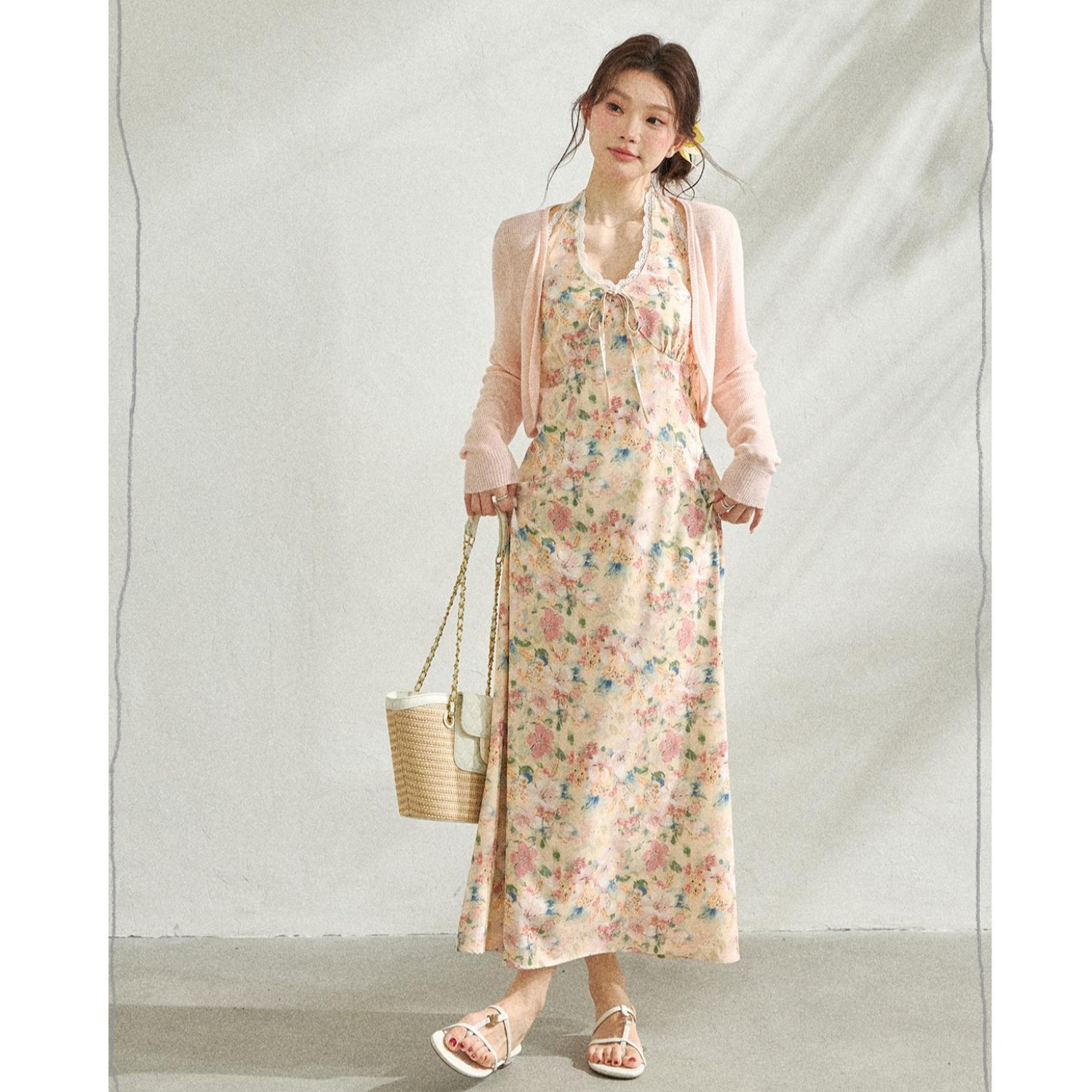 빅 사이즈 에프 가을 정원 빅 사이즈 여성 의류 마이크로 지방 자매 낭만주의 휴가 행침 목 V넥 꽃무늬 휴가 치마