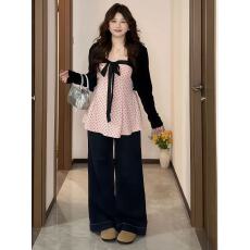 批发大码胖MM甜美少女风波点蝴蝶结抹胸上衣两件套女<b class='q'>春</b>季新款甜系套装