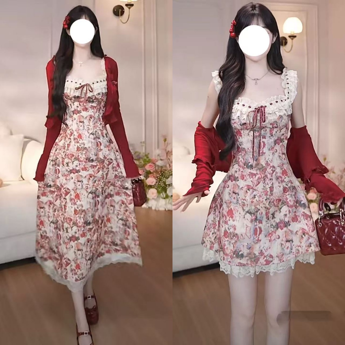 빅 사이즈 여성 의류 마이크로 지방 슬림해 보이는 사랑의 신 ~ 중 유화 밝은 소녀 레이스 측면 빨간색 드레스 순수한 욕망 미니 스커트