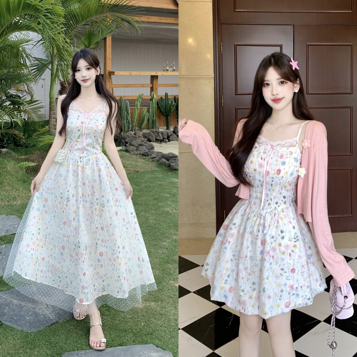 2026 여름 소녀 센스 연령 감소 세트 여성 빅 사이즈 지방 mm 달콤한 스타일 자수 꽃무늬 슬립 드레스 태양 보호 셔츠