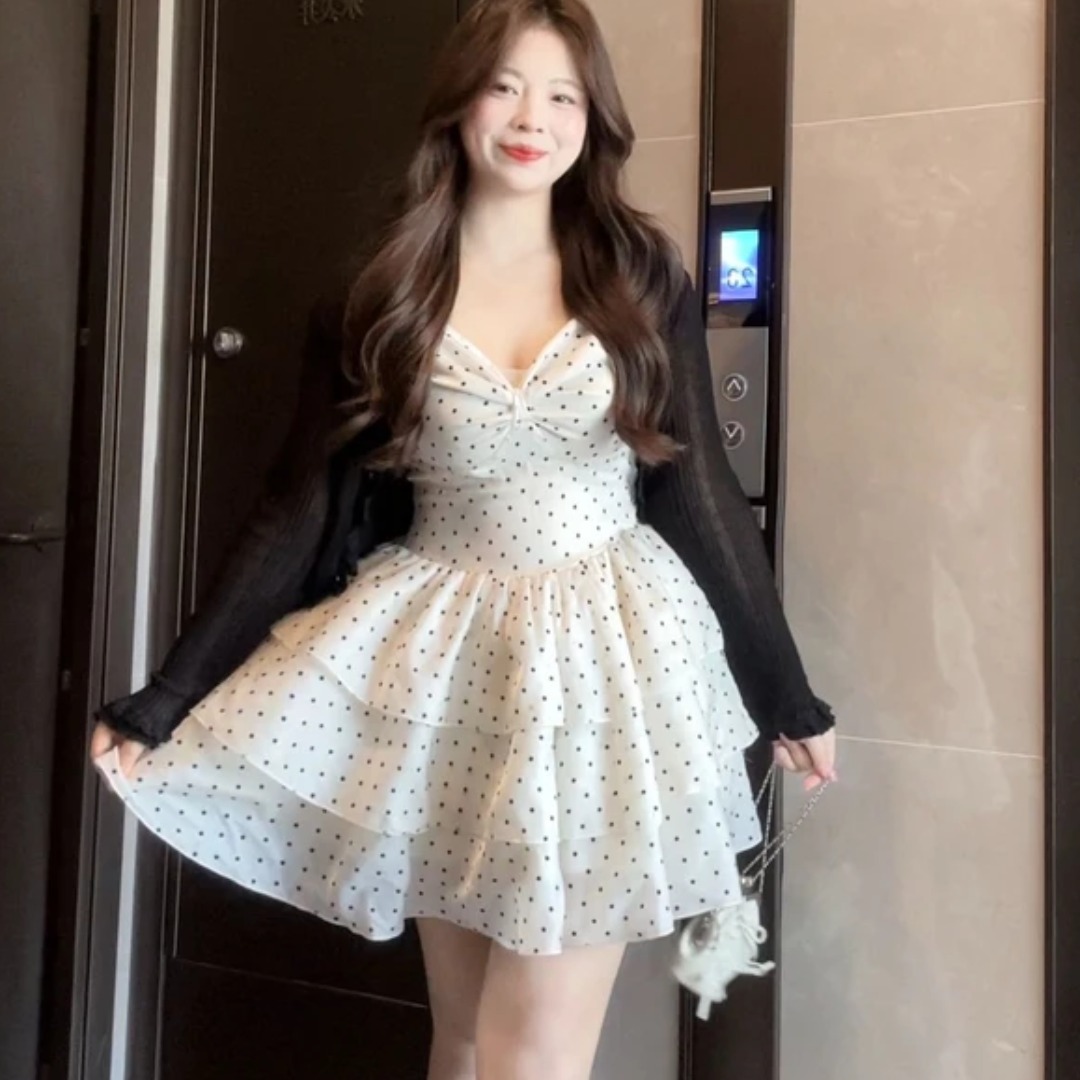 빅 사이즈 지방 mm 프랑스식 도트 무늬 달콤함 퍼프 도트 무늬 쇼트 스타일 케이크 드레스 휴가 허리 수축 슬림해 보이는 무거운 작업 슬립 드레스
