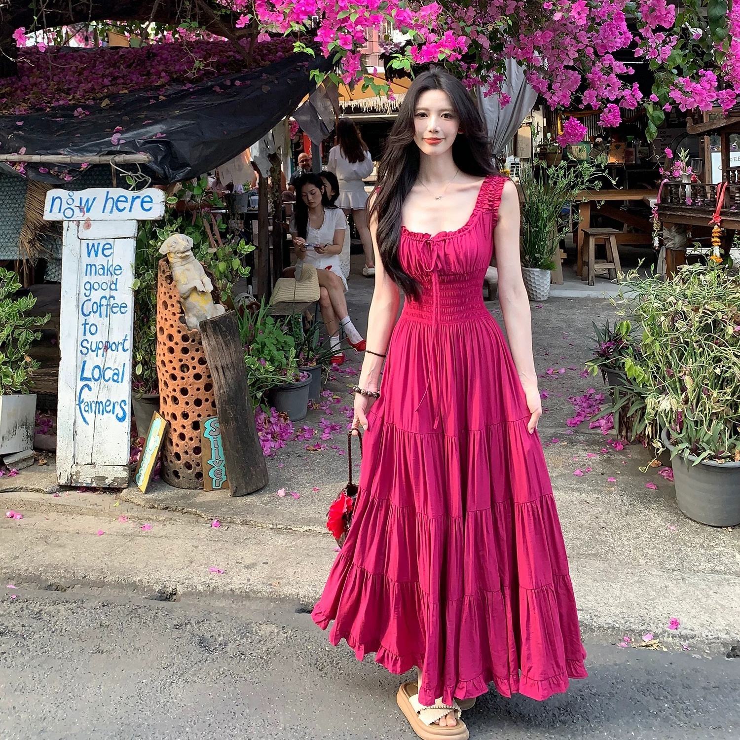 하나 달콤한 복숭아 yikett 플러그 Na 꽃 집 해변가 착용 가져 가라. 꼬집기 허리 슬립 여성 드레스 여름 원피스 치마