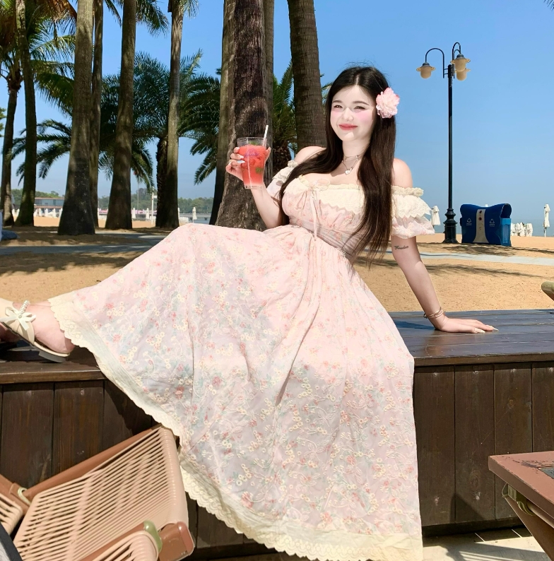 sweet 소녀 아침 차 마이크로 지방 mm 빅 사이즈 순수한 욕망 거품 소매 꽃무늬 여름 달콤함 허리 수축 슬림해 보이는 드레스