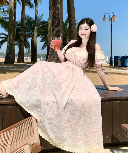 sweet 소녀 아침 차 마이크로 지방 mm 빅 사이즈 순수한 욕망 거품 소매 꽃무늬 여름 달콤함 허리 수축 슬림해 보이는 드레스