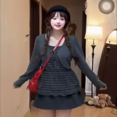 批发大码胖MM韩系假两件格子拼接长袖开衫女秋季新款绑带收腰减龄上衣