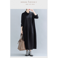 批发2026春季新款复古纯色灯笼裙半高领气质长裙棉麻拼接长袖<b class='q'>连衣裙</b>