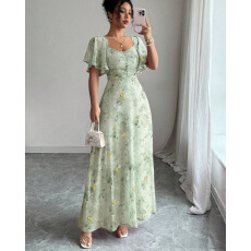 批发跨境外贸<b class='q'>欧美</b>女装亚马逊2026夏季时尚方领短袖印花雪纺<b class='q'>连衣裙</b>