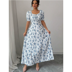 批发跨境外贸<b class='q'>欧美</b>女装亚马逊2026夏季时尚气质U领短袖印花大摆<b class='q'>连衣裙</b>