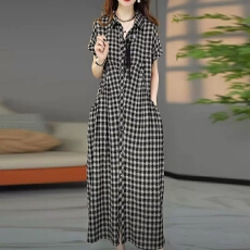 批发尚阔版<b class='q'>格子</b>POLO连衣裙夏季新款大码宽松遮肚子显瘦<b class='q'>衬衫</b>裙子