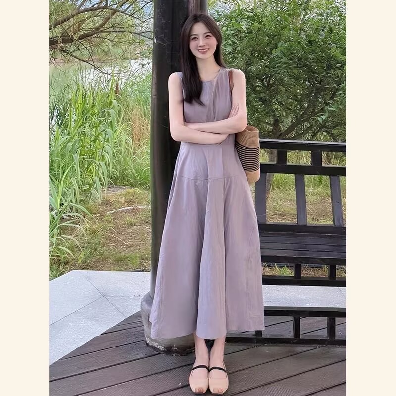 보라색 민소매 조끼 여성 드레스 2026 여름 새로운 아름다운 캐주얼 미니멀리즘 품격 허리 수축 슬림해 보이는 롱 스커트