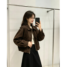 批发美式复古风鹿皮夹克女<b class='q'>春</b>秋宽松翻领休闲百搭外套短款拉链2026年新