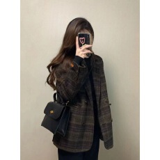 批发复古格纹毛呢外套女加棉加厚西装领老钱风慵懒<b class='q'>时尚</b>高级时髦上衣潮