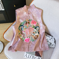 批发实拍 秋冬复古中国风盘扣背心绣花马夹新中式马甲粉色坎肩