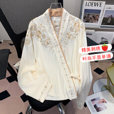 批发实拍   上衣v领重工刺绣飞机袖衬衫新中式国风衬衣