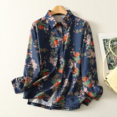 批发实拍 春季新款复古亚麻衬衫宽松休闲花色长袖上衣女
