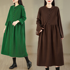 批发实拍 春季全棉灯芯绒<b class='q'>长裙</b> 秋冬保暖半开门襟长袖圆领连衣裙