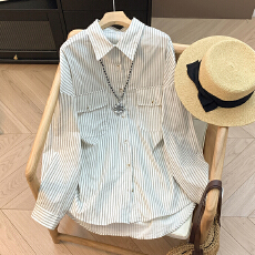 批发实拍 春季复古条纹长袖衬衫女宽松慵懒风设计感小众风独特上衣