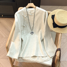 批发实拍 春季新款棉麻上衣宽松长袖<b class='q'>衬衫</b>复古盘扣立领斜襟茶服