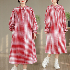 批发实拍 红色格子连衣裙女春秋小清新日系衬衫裙
