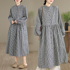 批发实拍 春季亚麻格子裙女 新款复古长袖设计感连衣裙