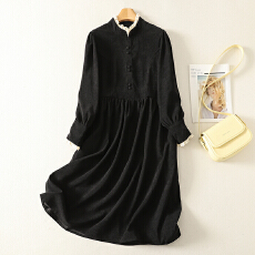 批发实拍 春季法式复古宫廷蕾丝花边立领灯芯绒连衣裙