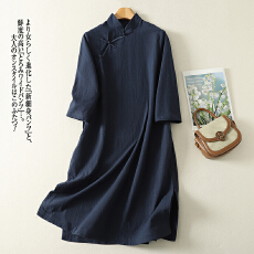 批发实拍 春季新中式老钱风棉麻斜襟立领盘扣宽松款纯色七分袖<b class='q'>连衣裙</b>