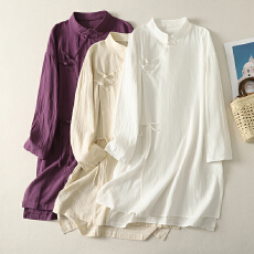 批发实拍 春季新中式复古中国风棉麻上衣<b class='q'>中长款</b>盘扣系绳茶禅服