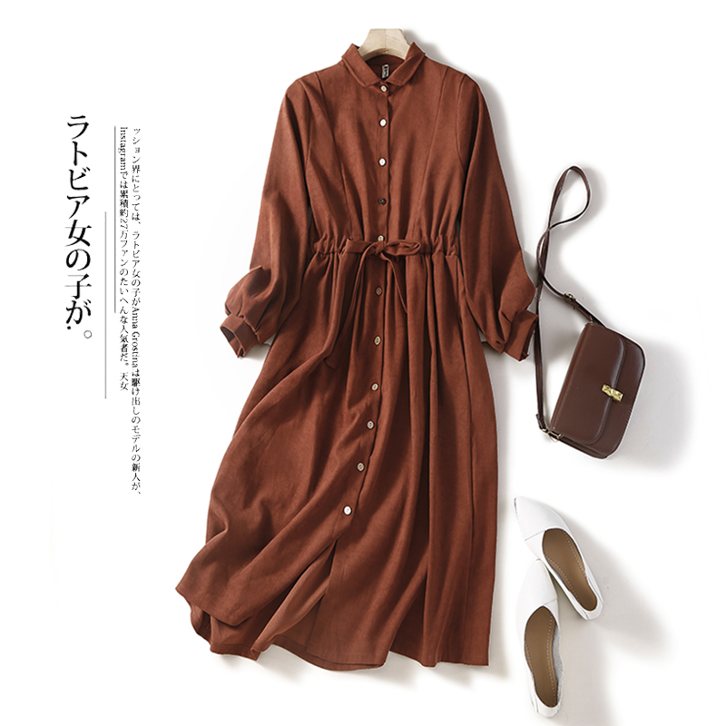 MY17763# 复古长袖连衣裙女新款大码收腰显瘦温柔风减龄裙子女裝貨源服裝批發