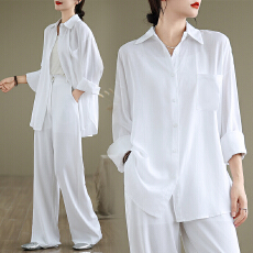 批发实拍 <b class='q'>春</b>季棉麻套装新款简约休闲慵懒风百搭宽松衬衫长裤两件套