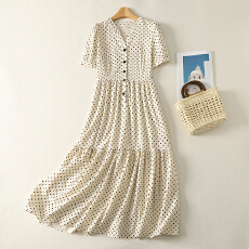 批发实拍  夏季v领波点短袖<b class='q'>连衣裙</b>女显瘦气质休闲<b class='q'>宽松</b>长裙