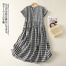 批发实拍 格子<b class='q'>连衣裙</b>女新款短袖时尚<b class='q'>宽松</b>显瘦气质印花棉麻衬衫裙子