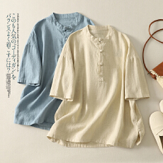 批发实拍 新中式苎麻复古衬衫女棉麻宽松茶服休闲禅意短袖上衣
