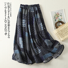 批发实拍  夏季复古亚麻裙<b class='q'>棉麻</b>中长裙<b class='q'>半身裙</b>子印花松紧腰半裙