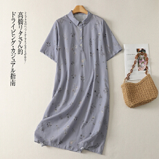 批发实拍 文艺清冷印花<b class='q'>中长款</b>气质连衣裙女翻领中袖衬衫裙子