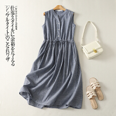 批发实拍 <b class='q'>文艺</b>气质条纹<b class='q'>连衣裙</b>女夏季新款棉麻透气系带显瘦<b class='q'>连衣裙</b>