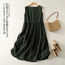 批发实拍 气质温柔绿色宽松亚麻无袖a字<b class='q'>连衣裙</b>女2026新款