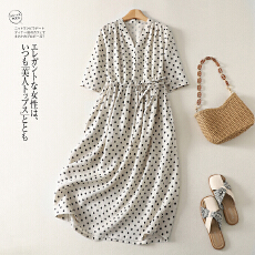 批发实拍 夏新款<b class='q'>亚麻</b>雨露麻波点印花文艺气质长款连衣裙