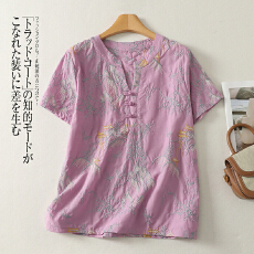 批发实拍  <b class='q'>刺绣</b>文艺高级感小V领上衣女透气苎麻短袖新中式<b class='q'>衬衫</b>