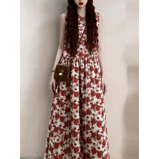 批发实拍 复古碎花连衣裙女夏季新款海边度假宽松减龄<b class='q'>背心</b>长裙子