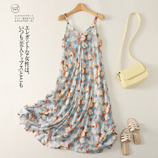 批发<b class='q'>实拍</b> 海边度假'印花V领分割吊带连衣裙女夏季大摆裙