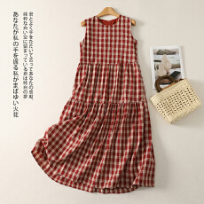 批发<b class='q'>实拍</b> 红色格子圆领背心连衣裙女夏季新款洋气度假无袖长裙