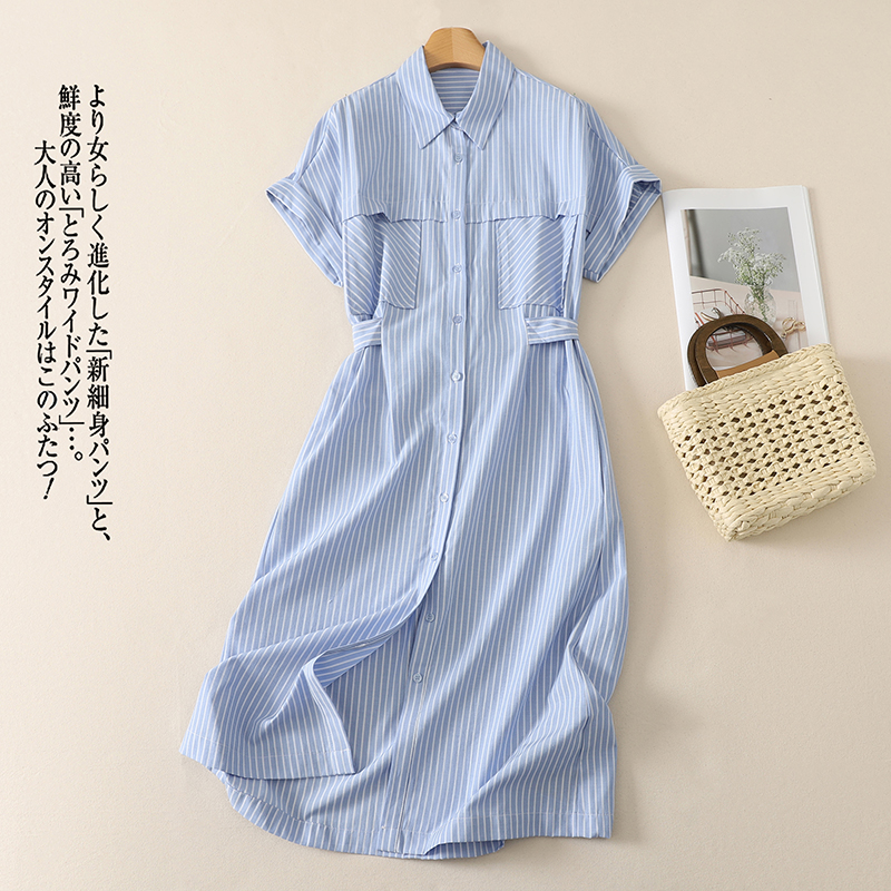 실사 레트로 블루 스트라이프 셔츠 여성 드레스 여름 새로운 캐주얼 루즈핏 허리 수축 슬림해 보이는 작은 키 롱 스커트