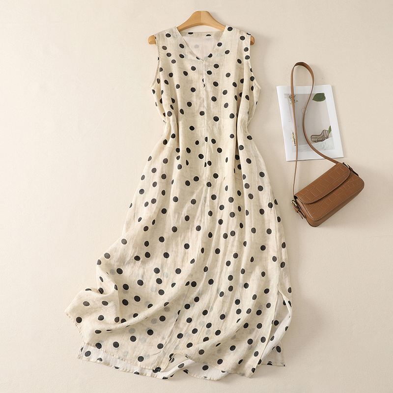 실사 레트로 낭만주의 느긋한 느슨함 빅 사이즈 V넥 도트 무늬 민소매 드레스