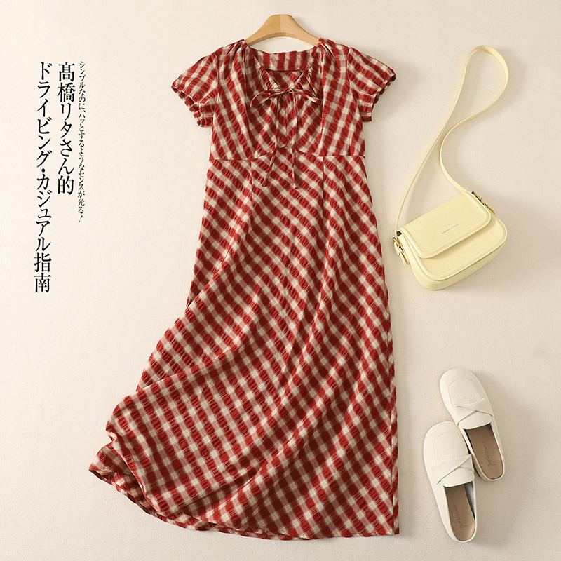 실사 레트로 배색 체크무늬 작은 날다 소매 펌프 Pleat V넥 여성 드레스 여름 휴가 허리 수축 슬림해 보이는 체크 스커트