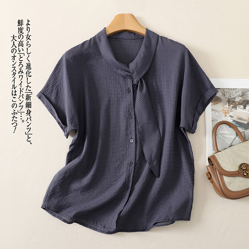 실사 레트로 스타일 체크무늬 리본 칼라 셔츠 여자 작은 대중 Chic 잘 생긴 루즈핏 반팔 작은 셔츠 맨위